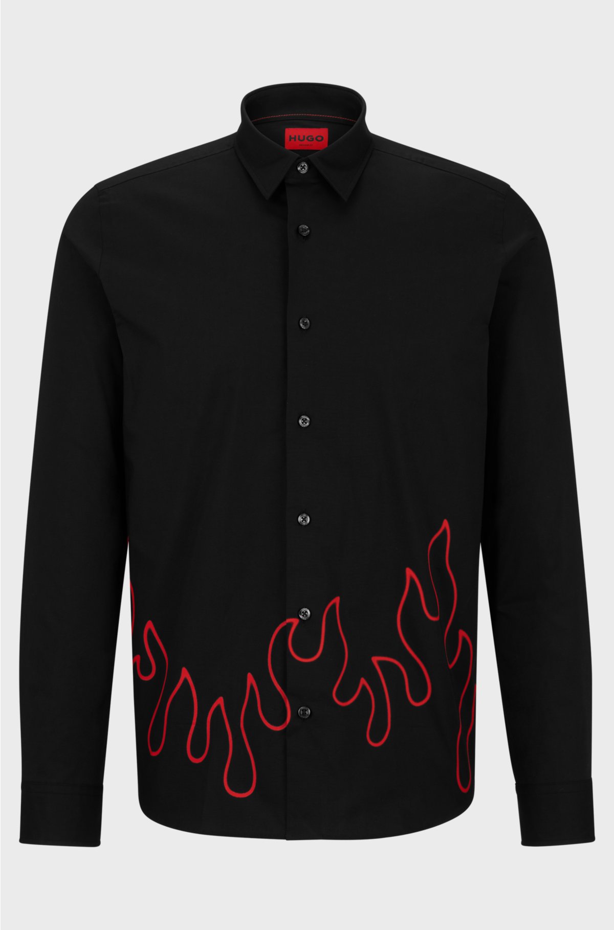 Relaxed-fit shirt with Kent collar and flame artwork, Black