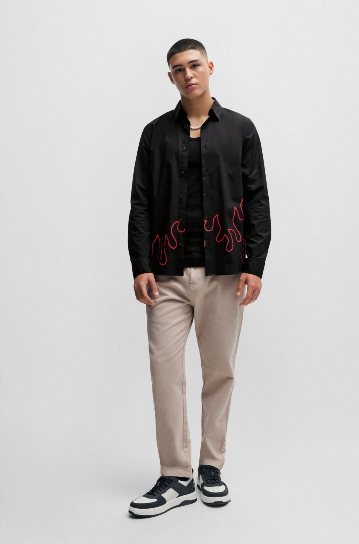 Relaxed-fit shirt with Kent collar and flame artwork, Black