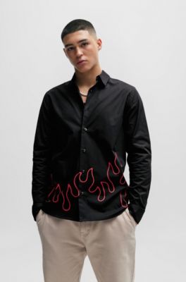 HUGO - Relaxed-fit shirt with Kent collar and flame artwork