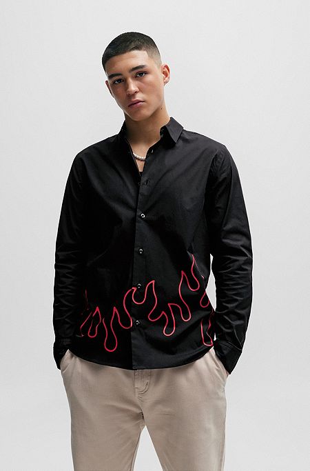 Relaxed-fit overhemd met kentkraag en vlammenartwork, Zwart