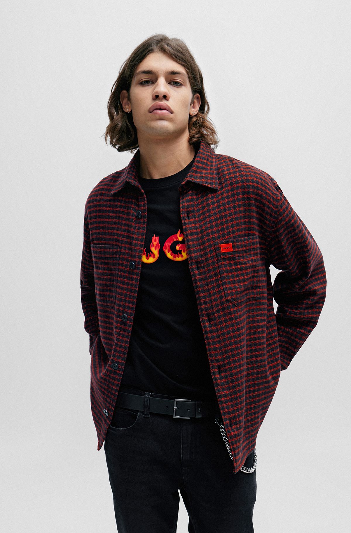 Oversized-fit shirt in checked cotton flannel, Dark Red