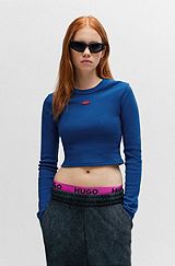 Long-sleeved cropped slim-fit T-shirt with logo label, Blue