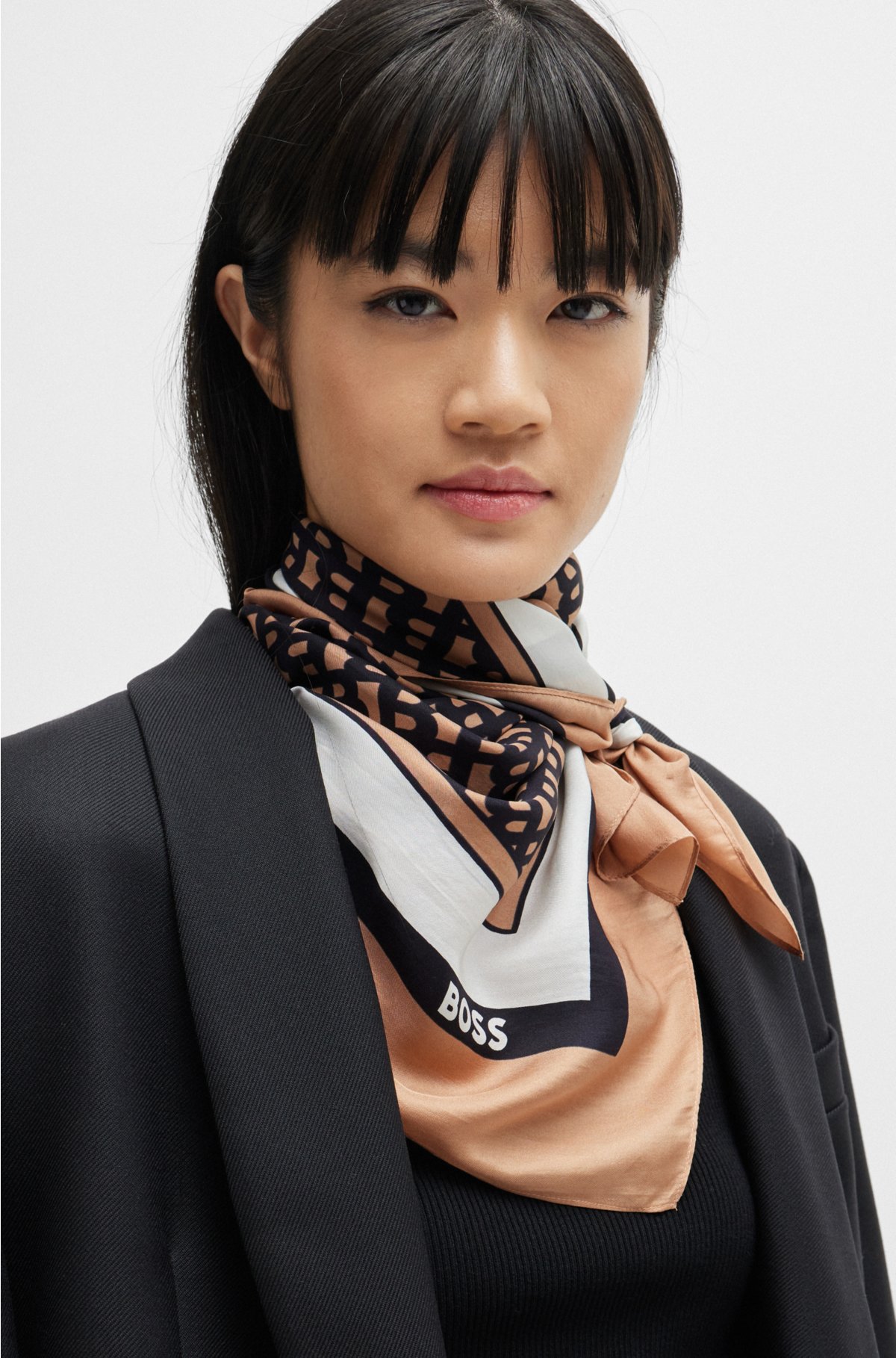 Silk scarf with monogram print, Black Patterned
