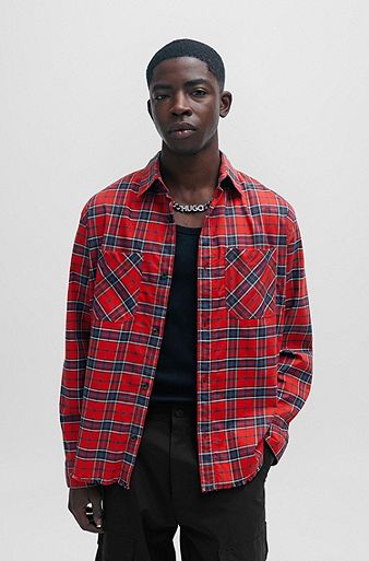 Oversized-fit shirt in checked stretch cotton, Red