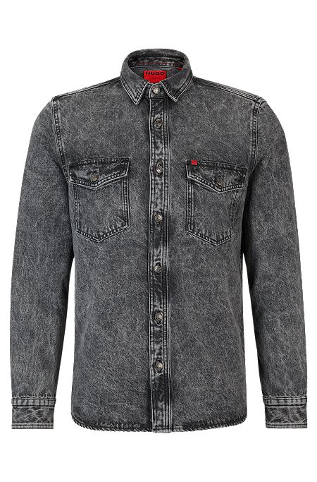 Relaxed-fit long-sleeved shirt in cotton denim, Grey