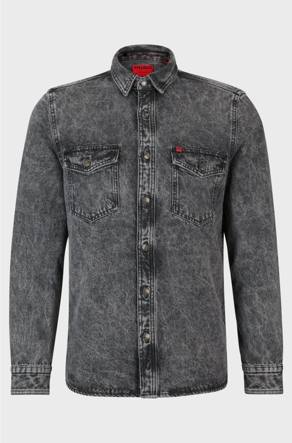 Relaxed-fit long-sleeved shirt in cotton denim, Grey