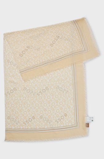 Logo-print woven scarf with fringed edges, Light Beige