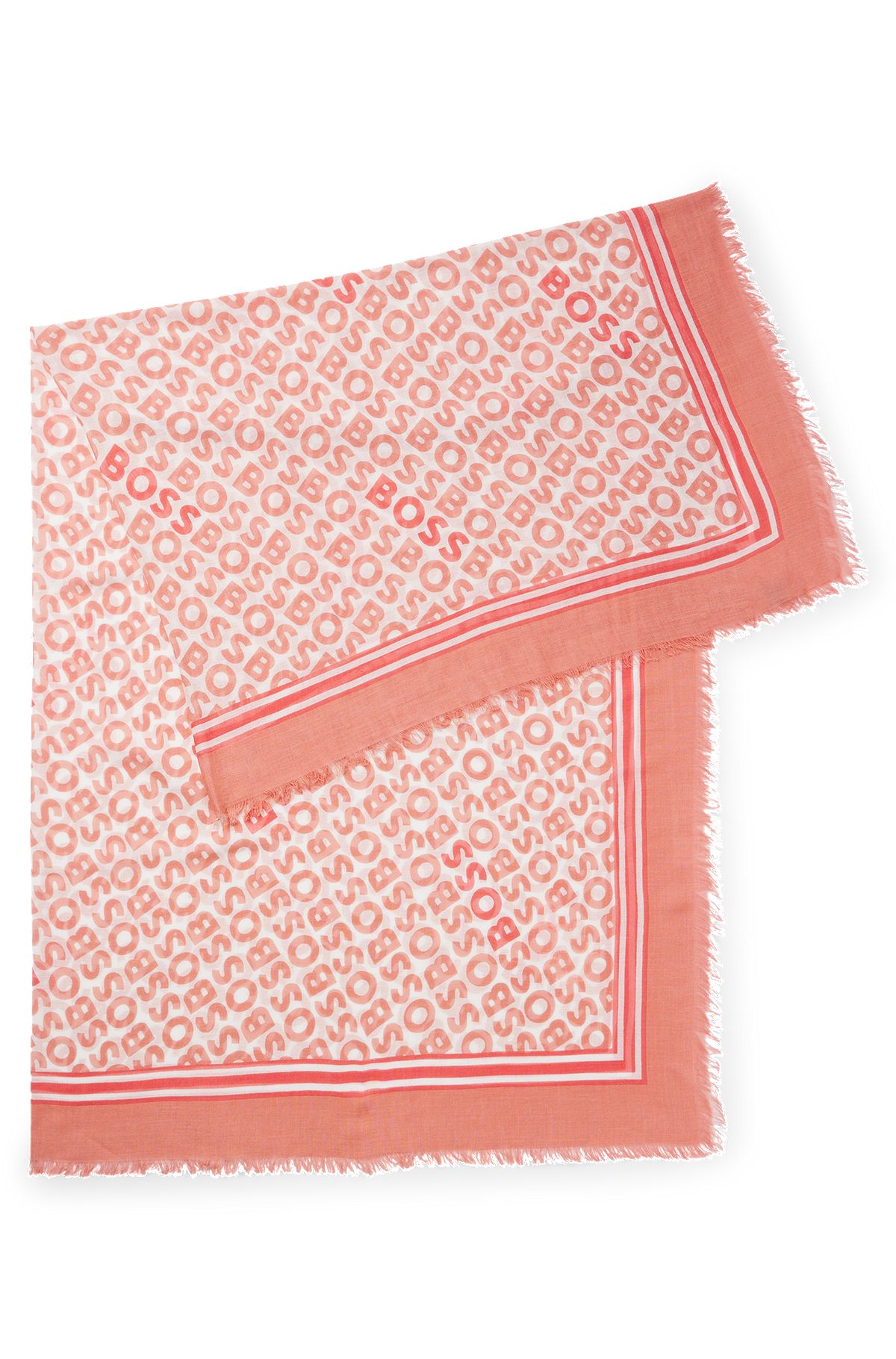 Logo-print woven scarf with fringed edges, Coral