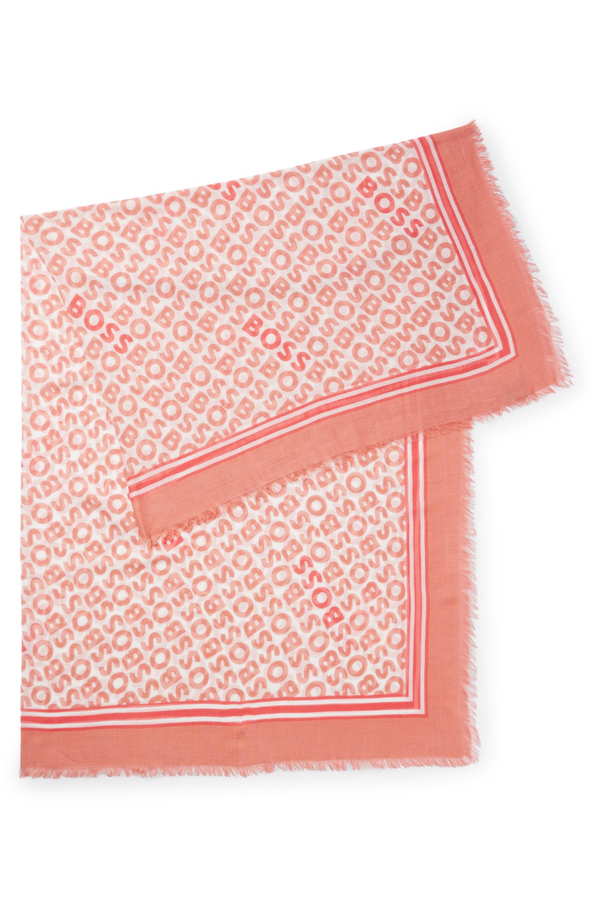 Logo-print woven scarf with fringed edges, Coral