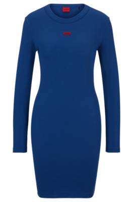 Hugo Boss Stretch-cotton Dress With Red Logo Label In Blue