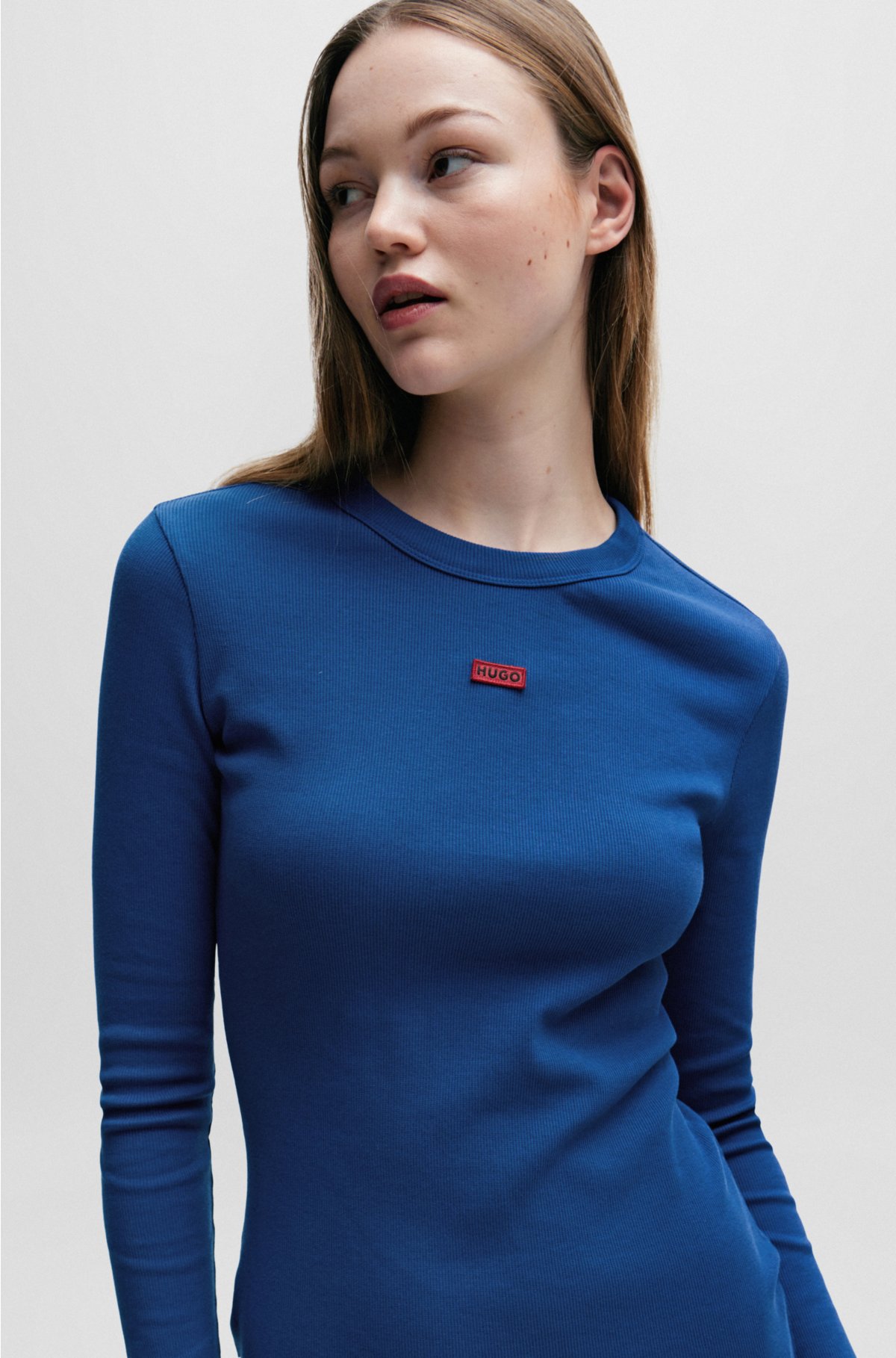 Stretch-cotton dress with red logo label, Blue