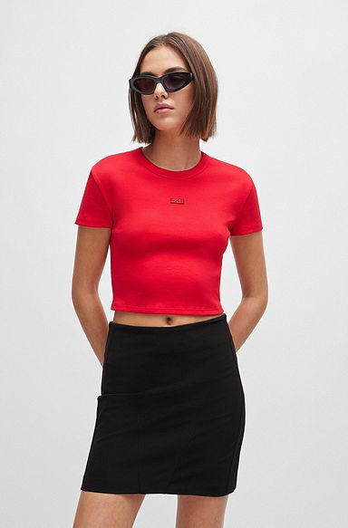 Stretch-cotton cropped slim-fit T-shirt with red logo label, Red