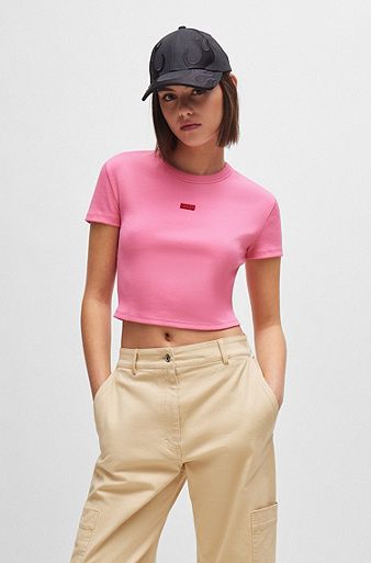Stretch-cotton cropped slim-fit T-shirt with red logo label, Pink