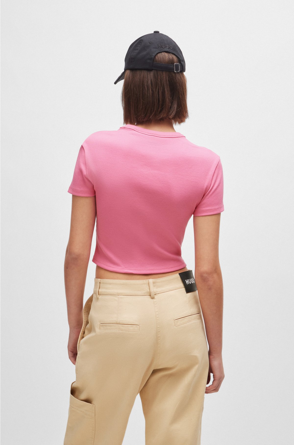 Stretch-cotton cropped slim-fit T-shirt with red logo label, Pink