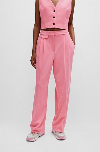 Bukser med relaxed fit i stof med stræk og læg foran, Lys pink