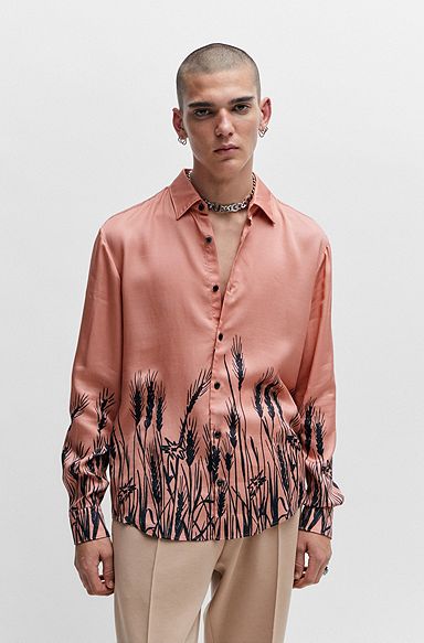 Slim-fit overhemd van popeline met nieuwe print, lichtrood