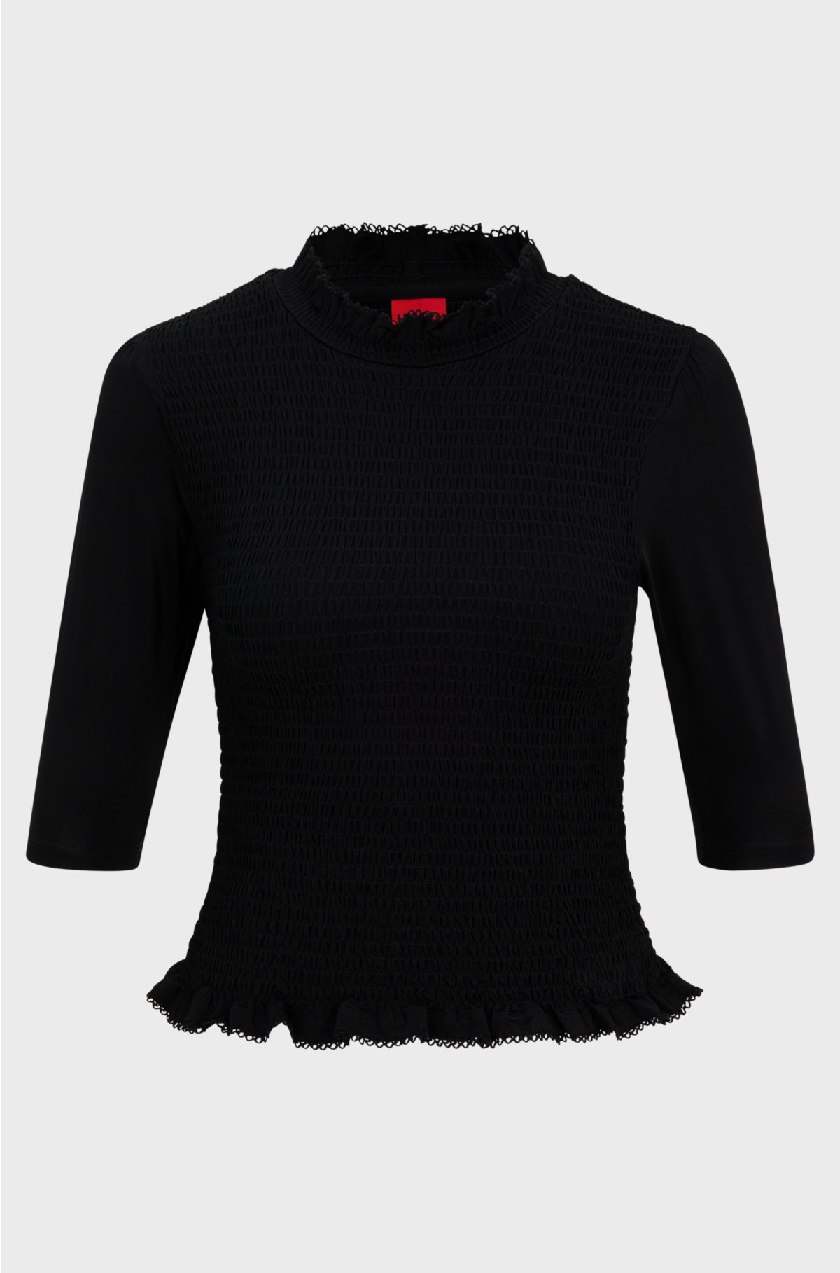 Ruffle-trim top in stretch fabric with logo detail, Black