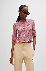 Ruffle-trim top in stretch fabric with logo detail, Pink Patterned