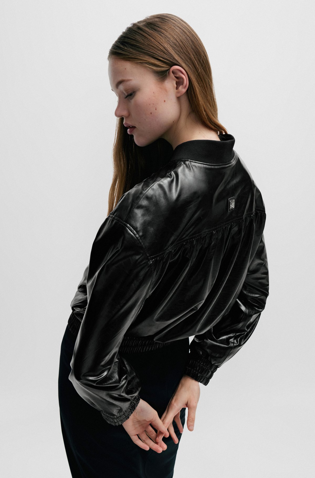 Relaxed-fit bomber jacket in faux leather, Black