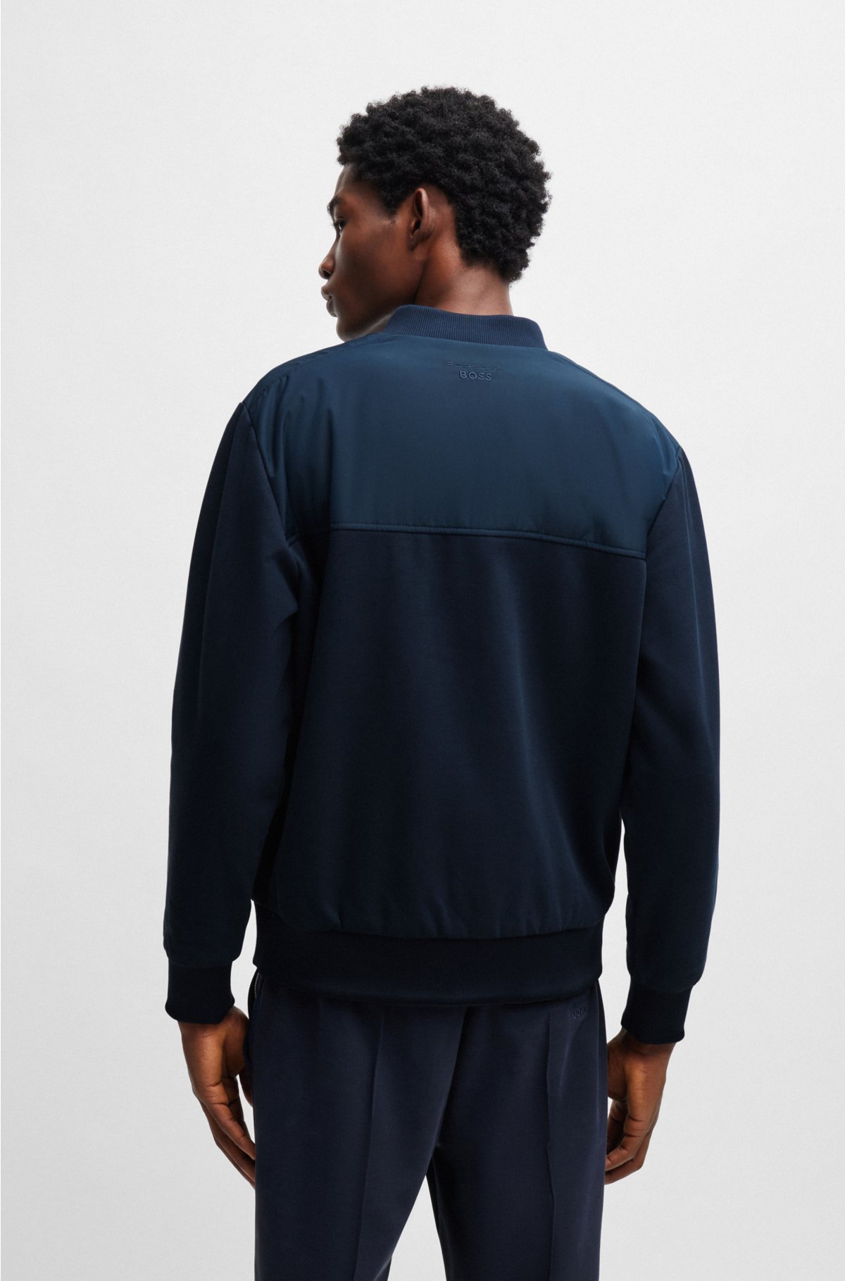 Porsche x BOSS stretch-cotton bomber sweatshirt with mixed materials , Dark Blue