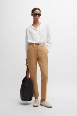 Regular-fit trousers in stretch-cotton satin, Beige