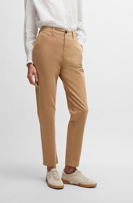 Pantaloni regular fit in satin di cotone elasticizzato, Beige