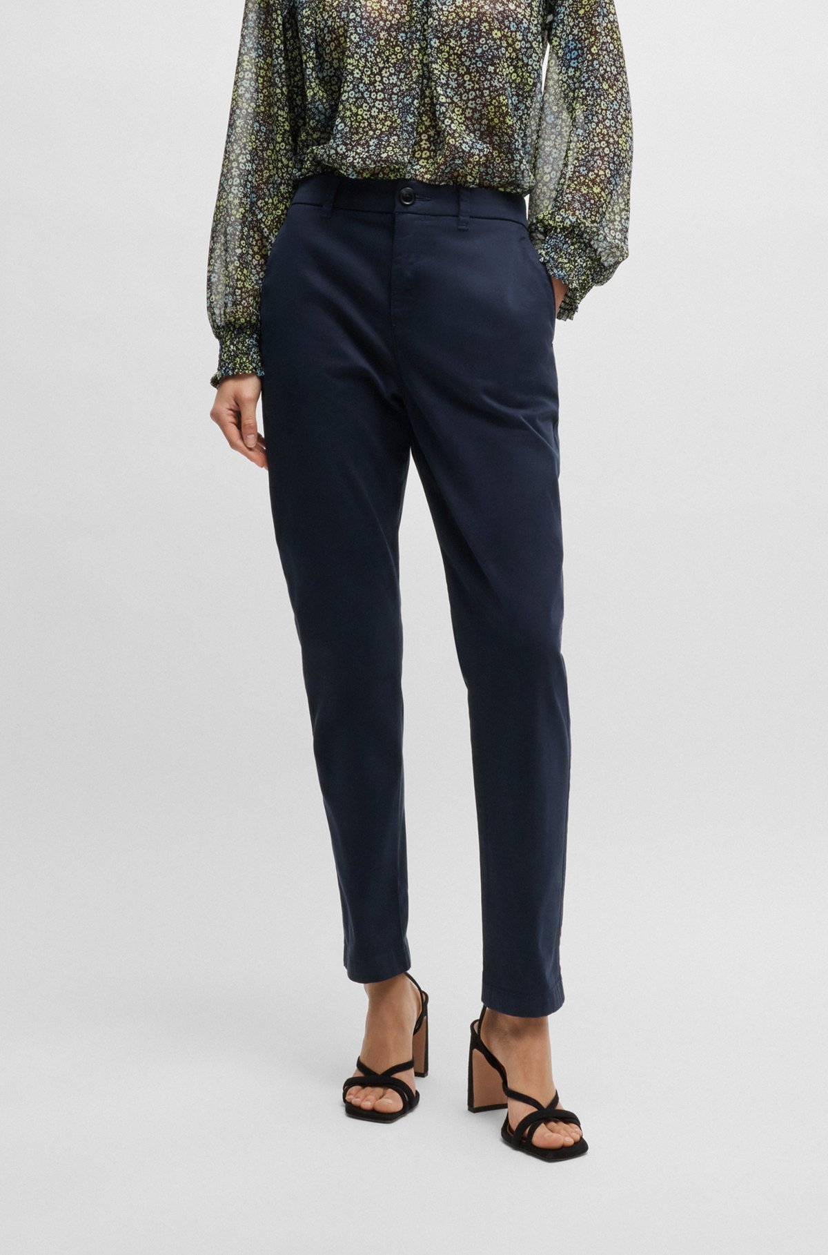 Regular-fit trousers in stretch-cotton satin, Dark Blue