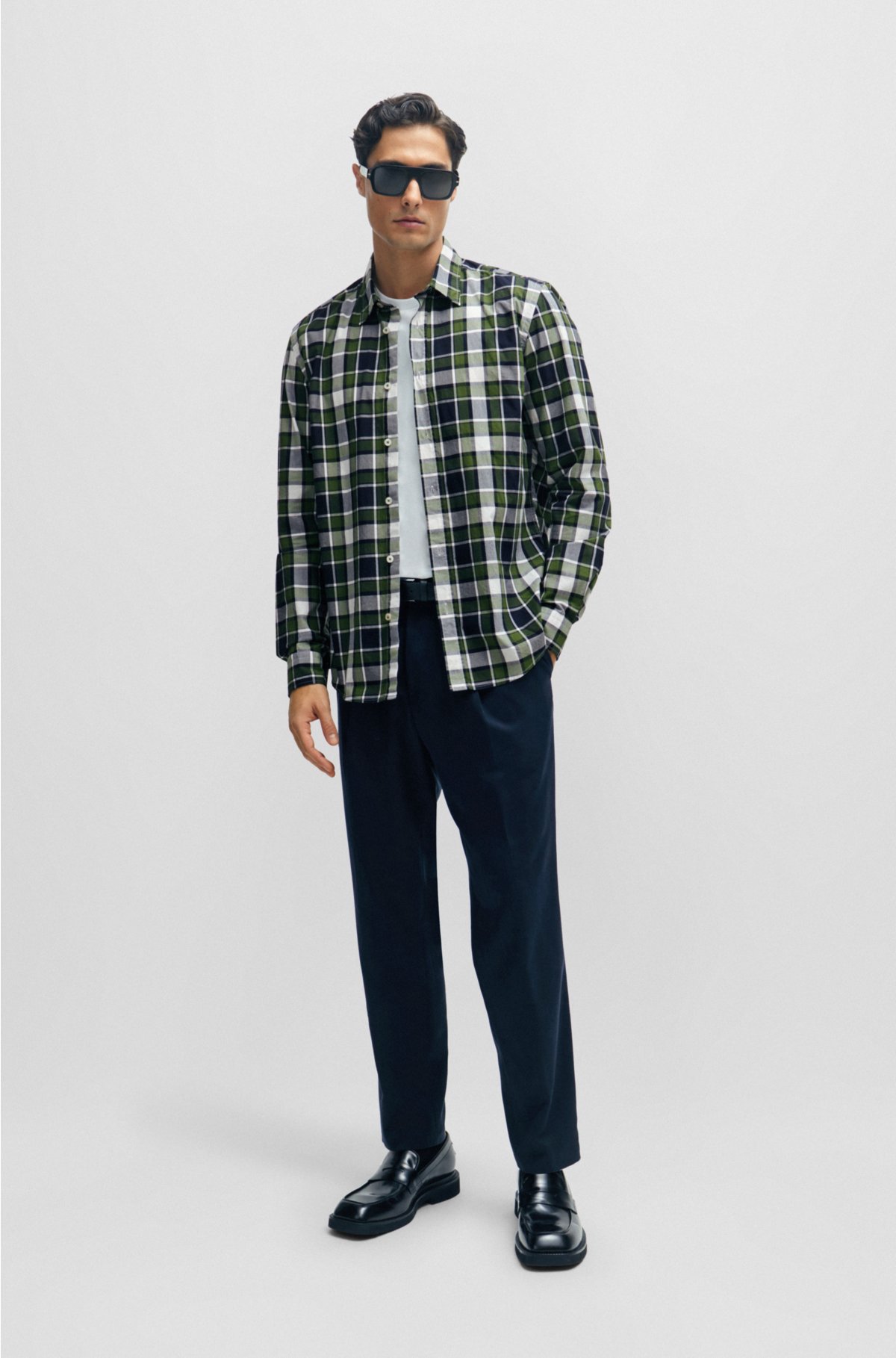 Regular-fit shirt in checked stretch cotton, Light Green