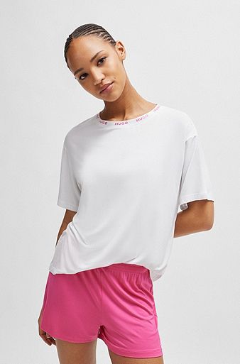 Stretch-jersey pyjamas with contrast logo details, White / Pink