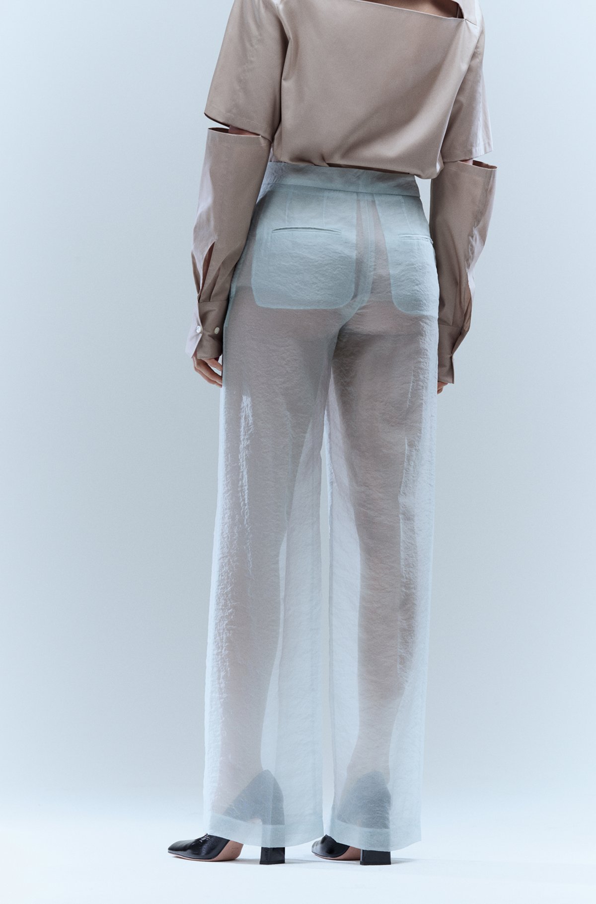 Wide-leg relaxed-fit trousers in semi-sheer material, Light Green