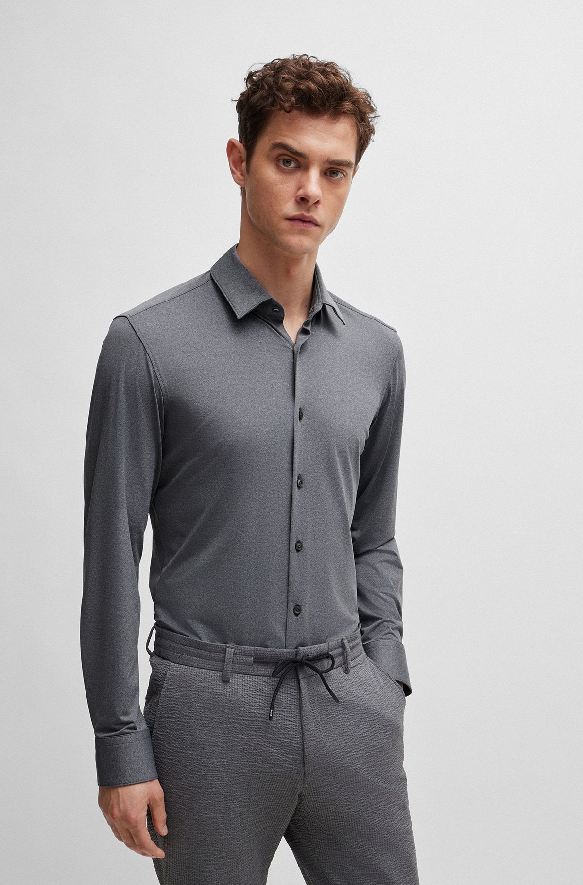Slim-fit shirt in performance-stretch fabric, Dark Grey