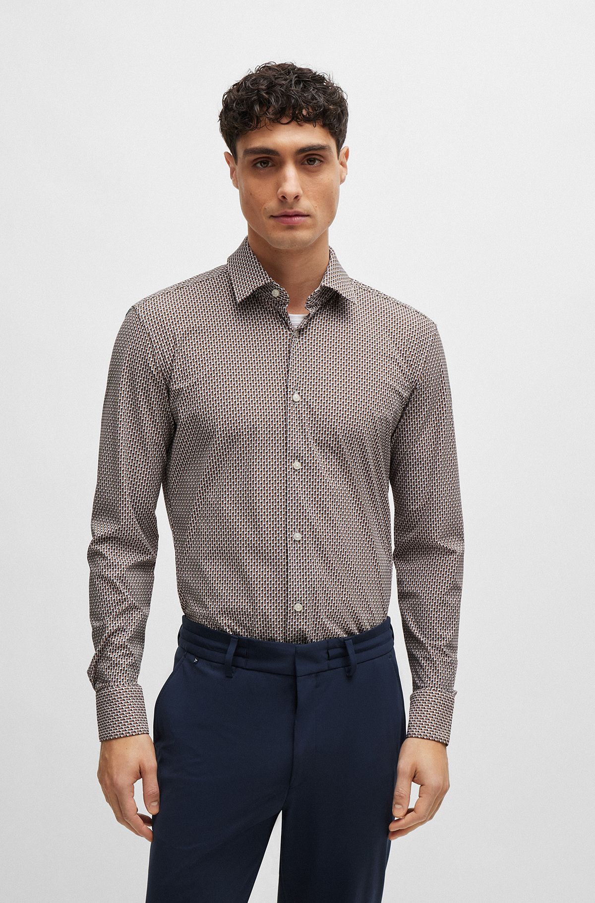 Slim-fit shirt in printed performance-stretch fabric, Beige