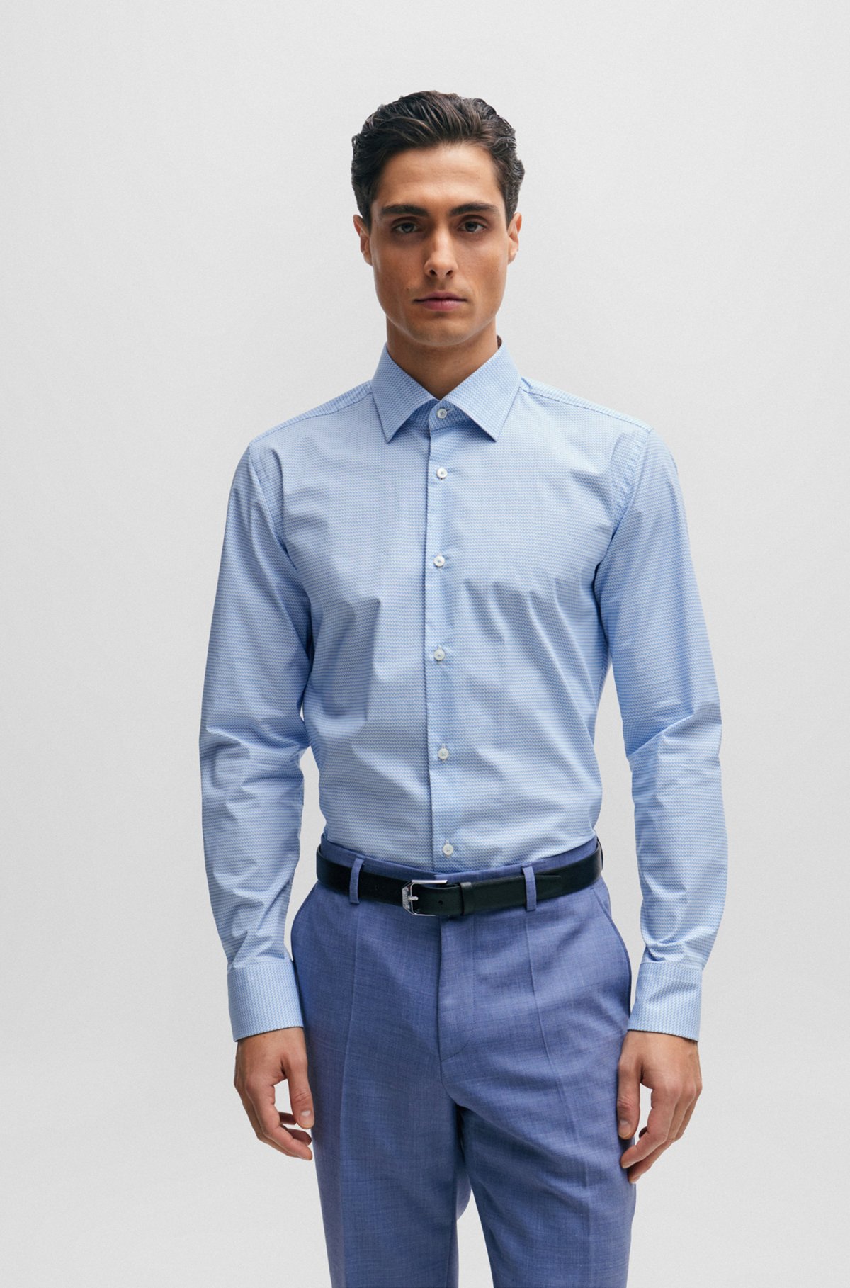 Slim-fit shirt in printed stretch cotton, Light Blue