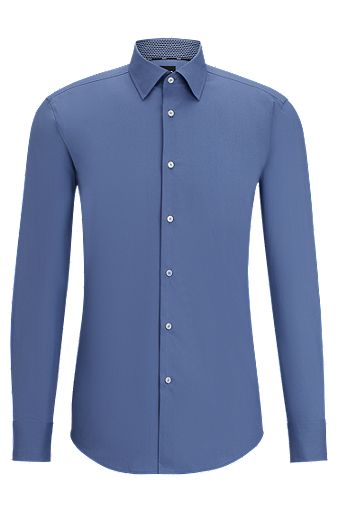 Slim-fit shirt in easy-iron stretch-cotton poplin, Blue