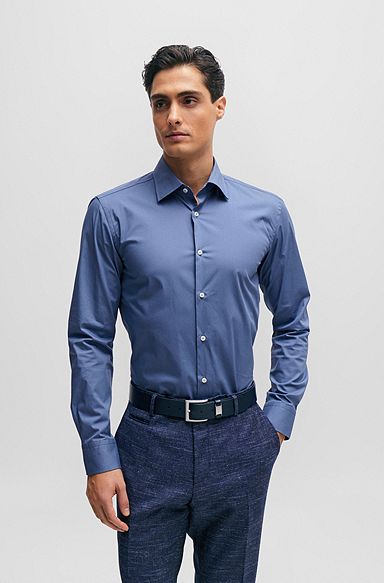 Slim-fit overhemd in gemakkelijk te strijken katoenen popeline met stretch, Blauw