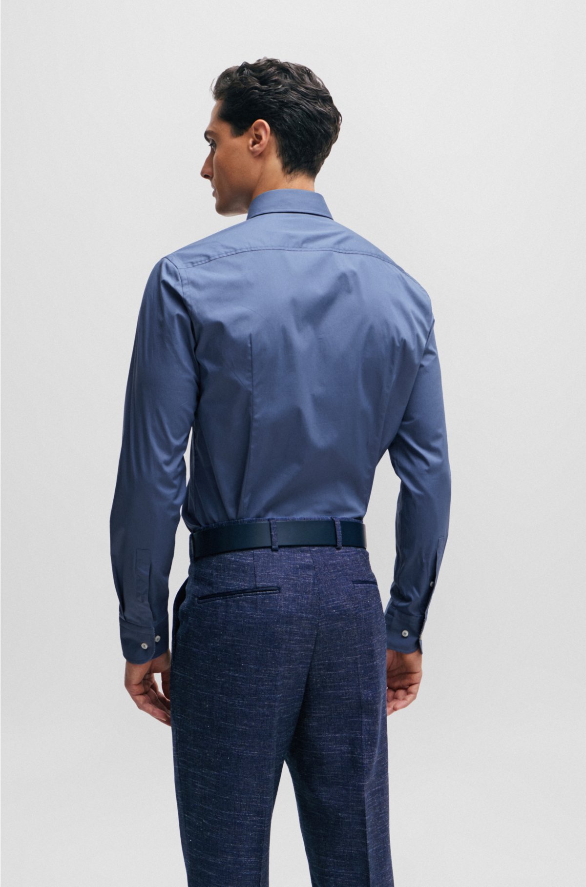 Slim-fit shirt in easy-iron stretch-cotton poplin, Blue