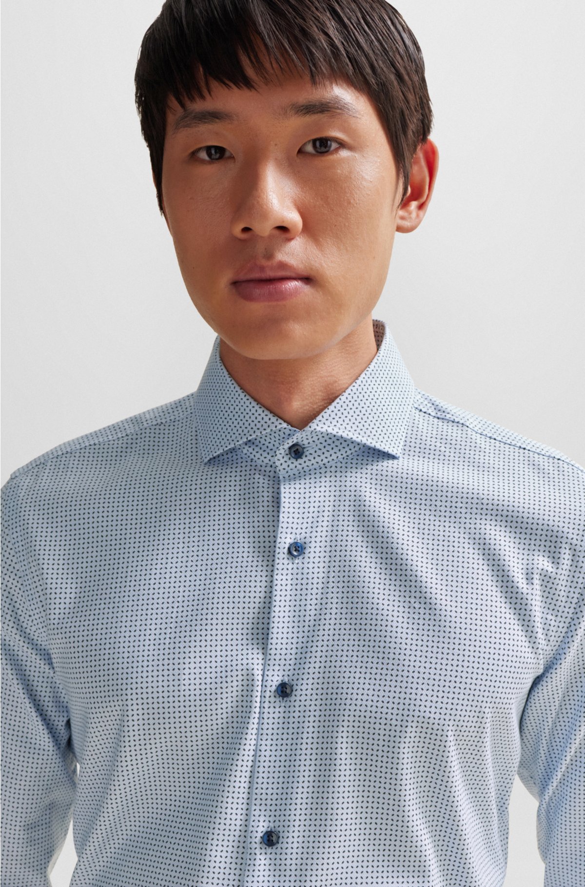 Slim-fit shirt in printed Oxford stretch cotton, Light Blue