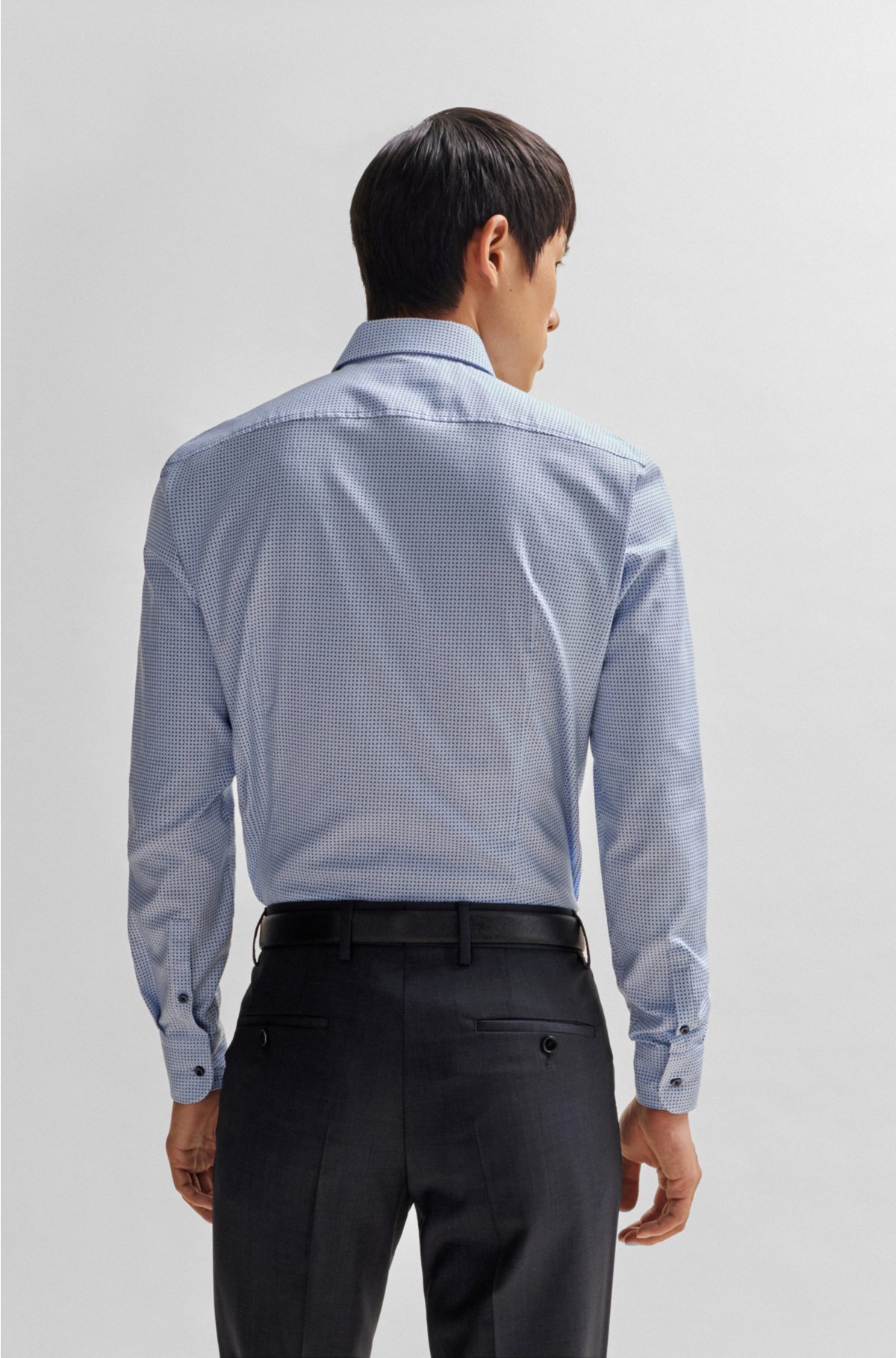 Slim-fit shirt in printed Oxford stretch cotton, Light Blue