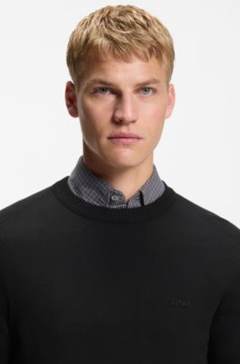 Knitted-cotton sweater with embroidered logo, Black