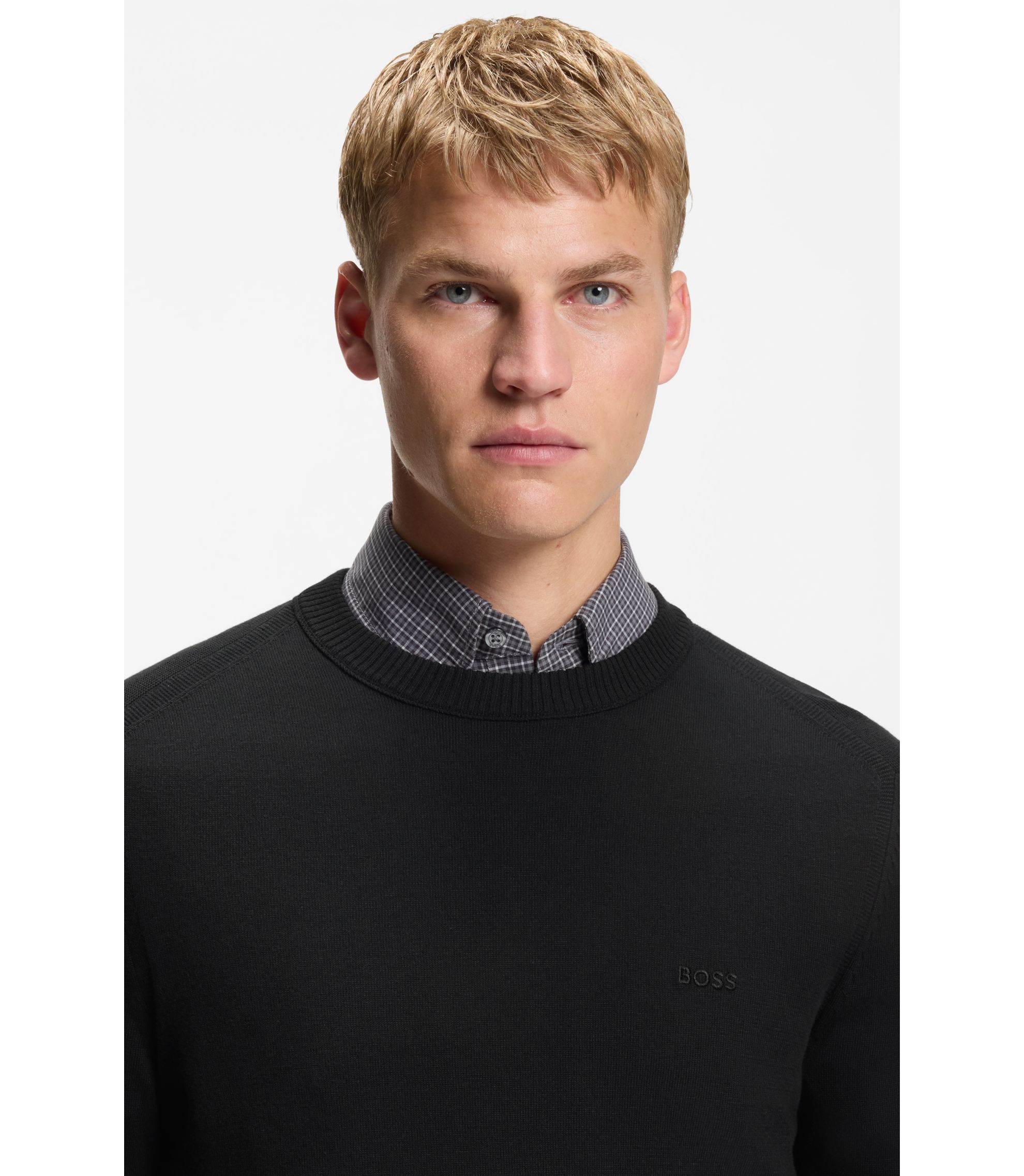 BOSS - ニットコットンセーター ロゴエンブロイダリー - ブラック