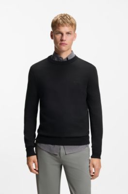 Knitted-cotton sweater with embroidered logo, Black