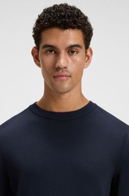 Knitted-cotton sweater with embroidered logo, Dark Blue