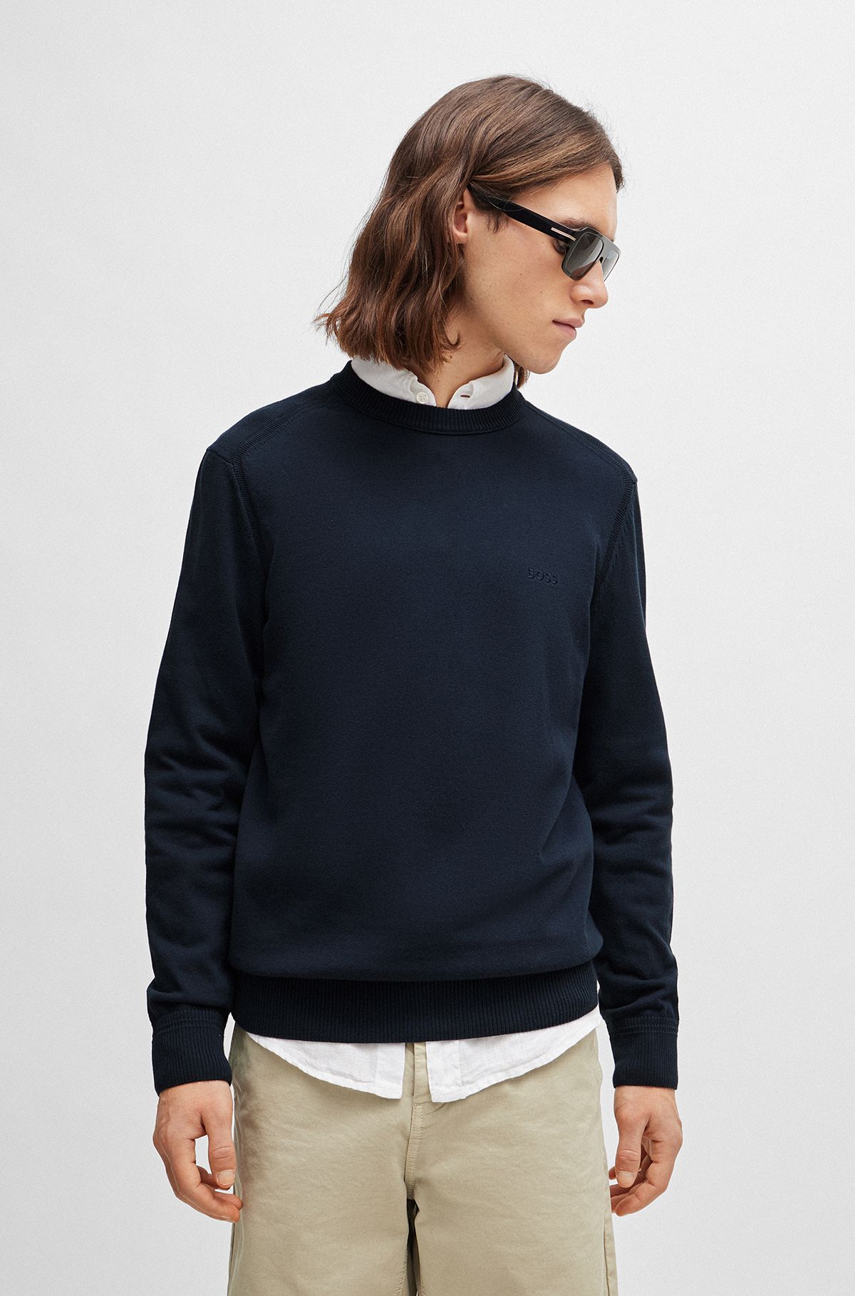 Sweatshirt med regular fit i bomuldsjersey med broderet logo, Mørkeblå