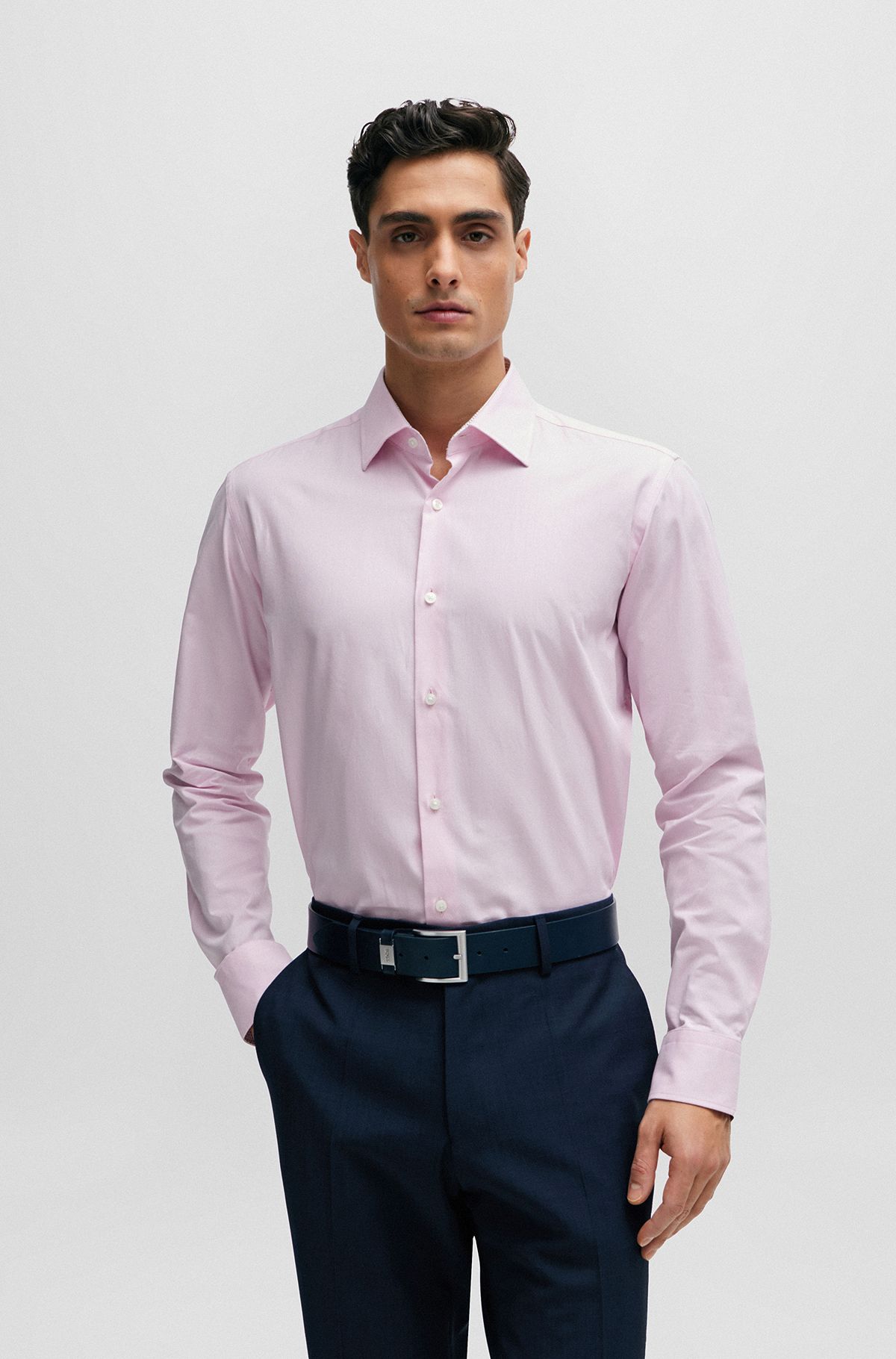 Regular-fit shirt in easy-iron Oxford stretch cotton, light pink