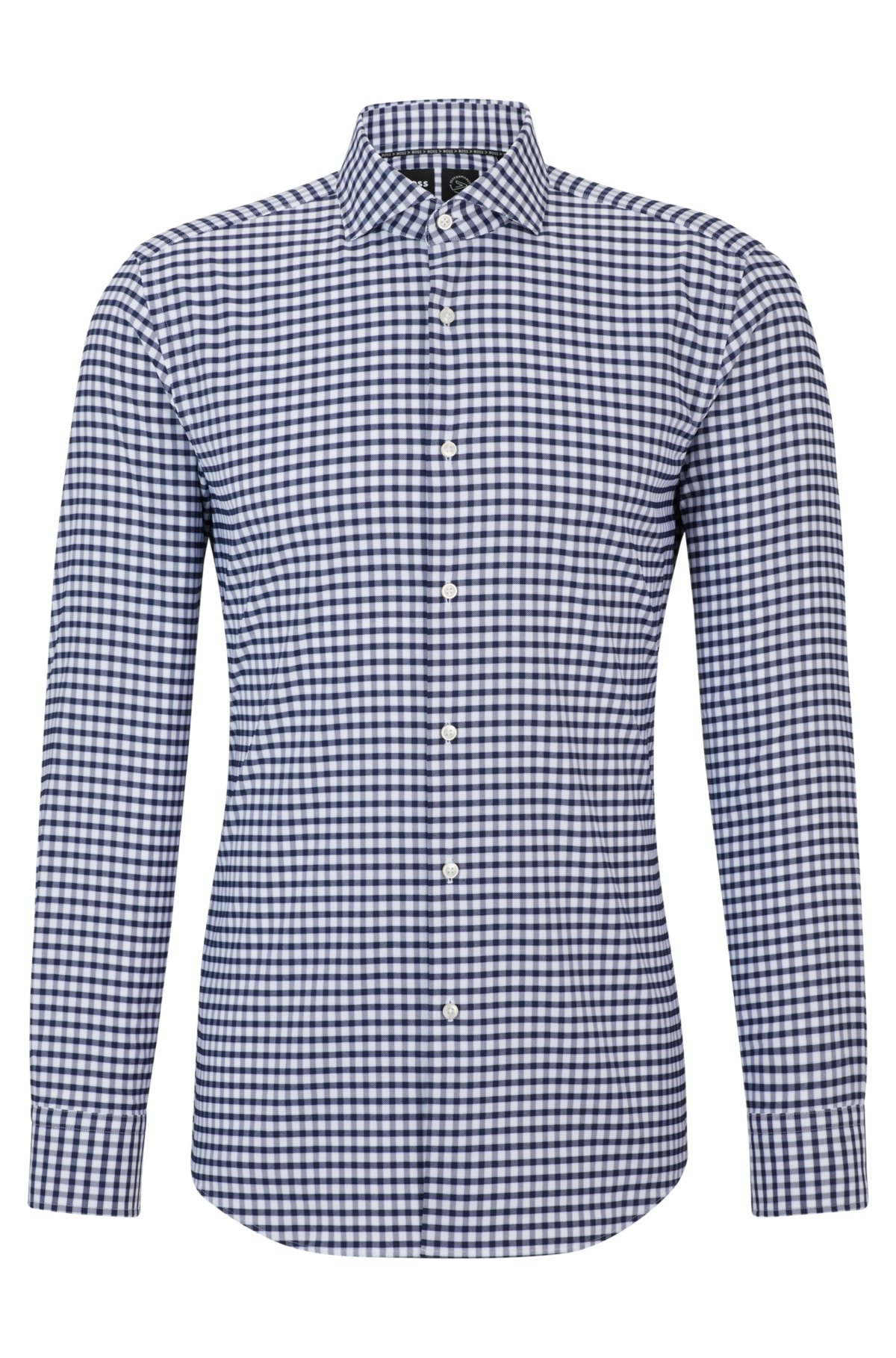 Slim-fit shirt in checked performance-stretch fabric, Dark Blue