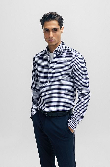 Slim-fit overhemd van geruit hoogwaardig stretchmateriaal, Donkerblauw