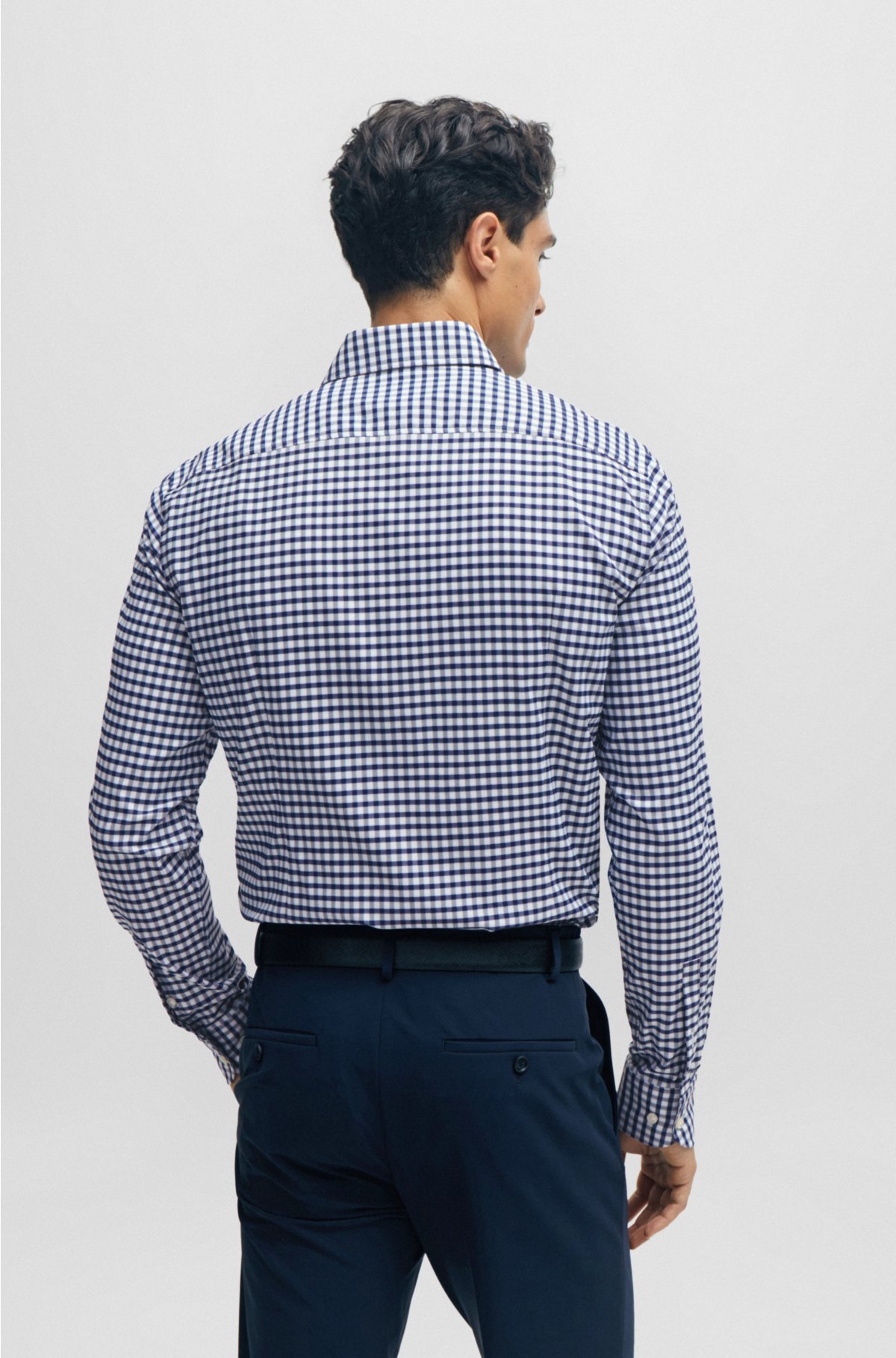 Slim-fit shirt in checked performance-stretch fabric, Dark Blue