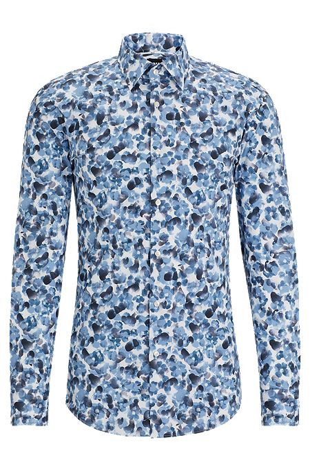 Slim-fit shirt in floral-print stretch cotton, Light Blue
