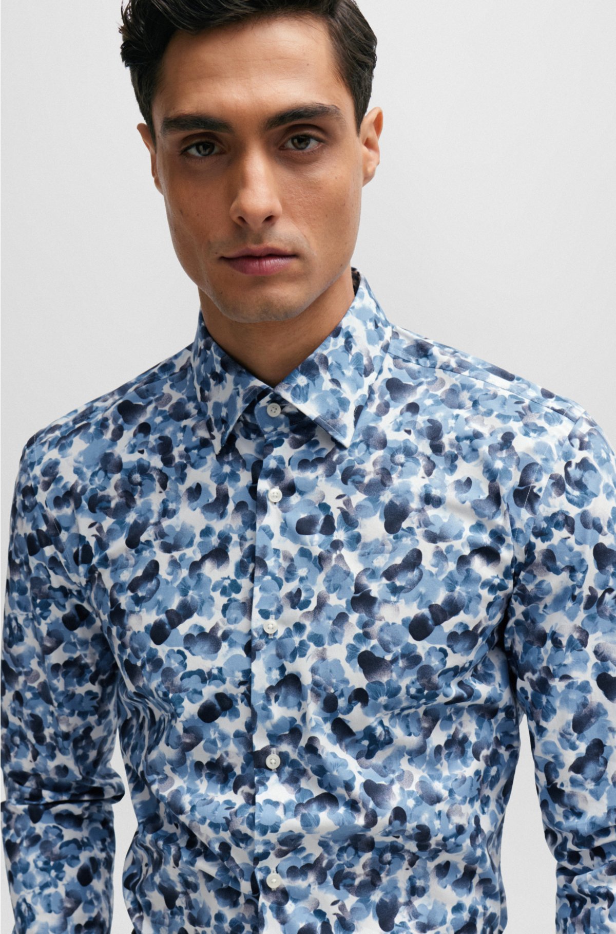 Slim-fit shirt in floral-print stretch cotton, Light Blue