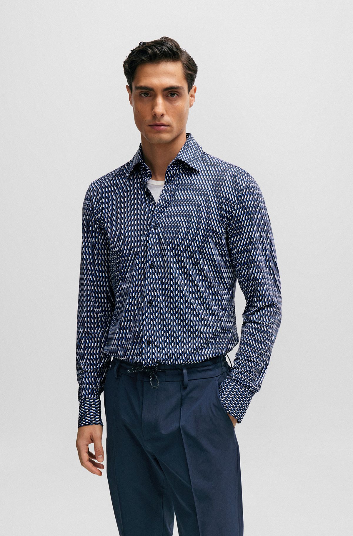 Slim-fit overhemd van hoogwaardig stretchmateriaal met print, Donkerblauw